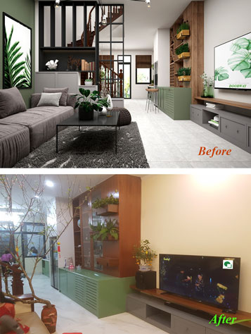 Tìm đơn vị thiết kế thi công nội thất nhà đẹp 2019 by kiến trúc Doorway, mẫu trước và sau thi công nội thất phòng khách