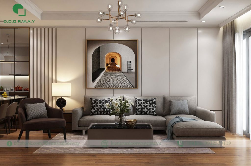 Không gian phòng khách với sofa hiện đại 